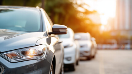 Urban parking scene with focus on modern car design, contemporary automotive styling, vehicle exterior details, commercial lot environment, transportation infrastructure, sleek aut