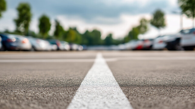 Empty parking lot with freshly painted lines and parked cars in background on cloudy day, newly maintained surface, vehicle storage facility, commercial parking infrastructure, org