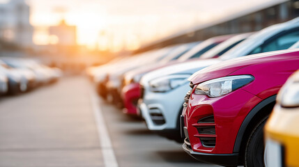 Obraz premium Row of cars organized on parking facility, multiple vehicles in linear arrangement, automotive lot storage, commercial parking infrastructure, transportation zone, orderly vehicle