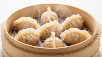 A steaming basket of traditional chinese dumplings served in a bamboo steamer.