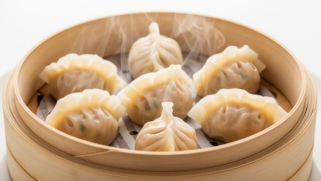 A steaming basket of traditional chinese dumplings served in a bamboo steamer.