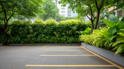 Fototapeta premium Empty parking lot with lush foliage wall in background, green vegetation backdrop, nature-integrated parking facility, landscaped commercial area, eco-friendly environment design,