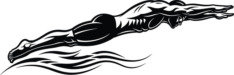 Swimmer silhouette illustration in mid-dive pose, athletic sports design concept, black and white artwork, motion, strength, and water speed