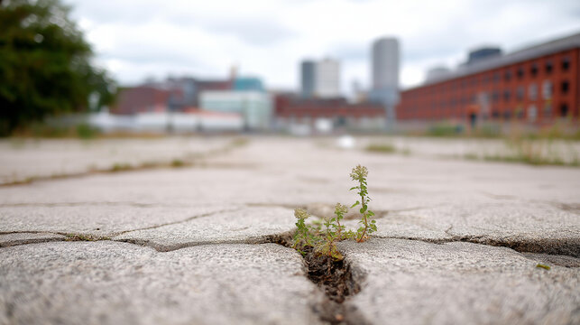 Empty parking lot in industrial area with cracked pavement and weeds, deteriorating surface, neglected commercial space, large warehouses background, urban decay scene, defocused b