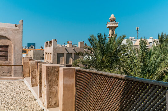 Carved wooden doors, hold merchant houses and narrow alleys in the city of Muharraq in Bahrain