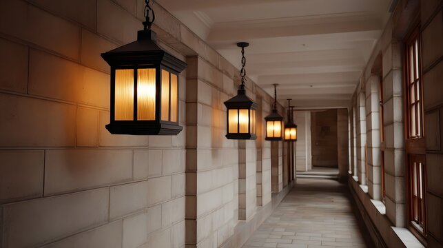 Overhead fixtures casting a warm glow in a long stone corridor with arched