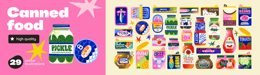 Canned food set. Preserving eating in tin cans and jars. Conserved fruits, jam, stew, beans, fish and tomatoes. Grocery products for storage. Flat isolated vector illustrations on white background. © Paper Trident