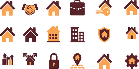 Real Estate and Property Service Icon Set with Houses, Handshake, Keys, Security, Buildings, and Home Management Symbols for Real Estate and Business Design © MstSuborna
