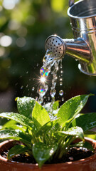 Watering Can Pouring Water on Green Plant