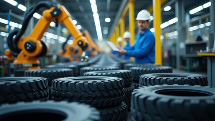 Fototapeta premium Industrial worker in a factory inspecting tires near robotic machinery and stacked tires in the foreground with modern equipment.
