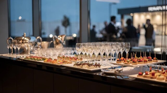Private corporate suite featuring wellarranged glassware and mouthwatering hors doeuvres perfectly sharp to contrast with the softly blurred spectators beyond the windows.