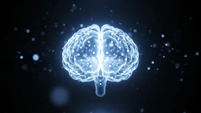 A futuristic illustration of a human brain glowing with artificial intelligence, surrounded by floating particles, viewed from the front in a dark environment