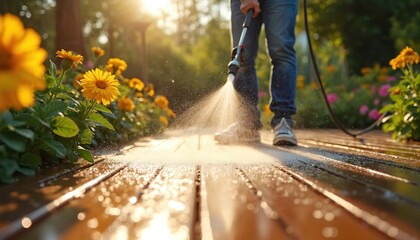 Fototapeta premium Man uses pressure washer on wooden deck in sunny garden with flowers. Water spray cleans wood surface outdoors. Springtime home refresh, outdoor space maintenance.