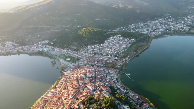 Kastoria 4K. Isthmus City. Orestiada Lake. Sunset. Stunning Greece
