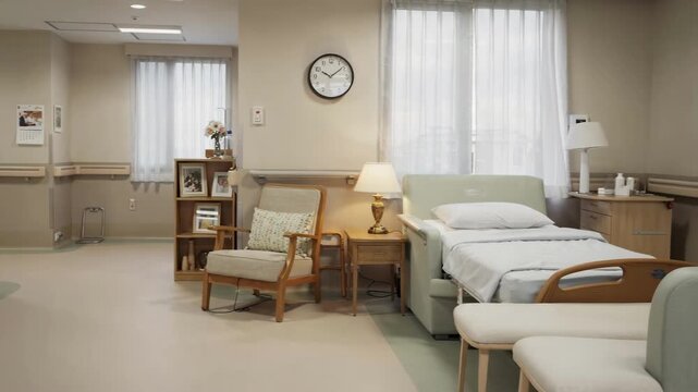 Medium shot focusing on a dementia wings calming modular room with soothing colors and adaptive design elements promoting safety and familiarity.