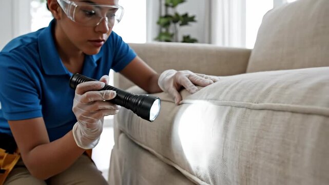 Woman pest control worker flashlight inspecting sofa for insect or bed bug infestation in home residential setting