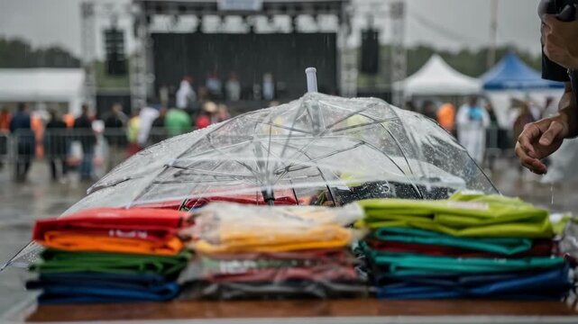 Focused view of rain protection gear being prepared with indistinct crowd and event setup visible in background blur.