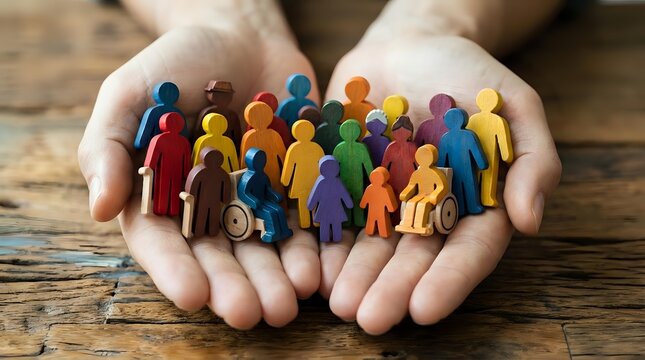 Protective hands holding diverse colorful paper people figures representing community support, inclusion, teamwork and social unity concepts.