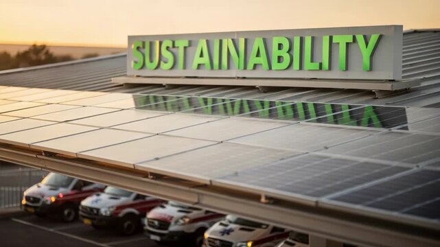 Close medium shot of solarpowered ambulance station roof featuring vibrant sustainability sign blurred ambulances parked beneath in soft light.