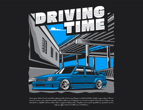 Retro Blue Vector Illustration Capturing Modified 90s Car Parked Under Overpass