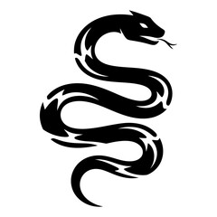 Stylized Tribal Snake Silhouette Coiling with Flicking Tongue, Minimalist Black Vector Graphic Isolated on White Background, Aggressive and Powerful Serpent Design for Tattoos and Logos.