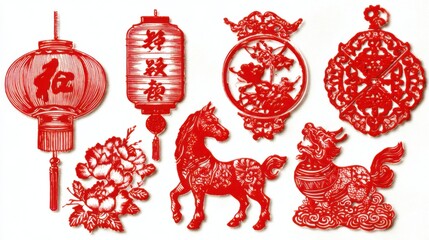 Obraz premium Red Chinese paper-cut decorations showing lanterns, peony florals, a horse and a mythical guardian figure, typical of Lunar New Year festive art.