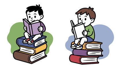 Two cartoon boys sitting on stacks of books reading and writing in a colorful illustration