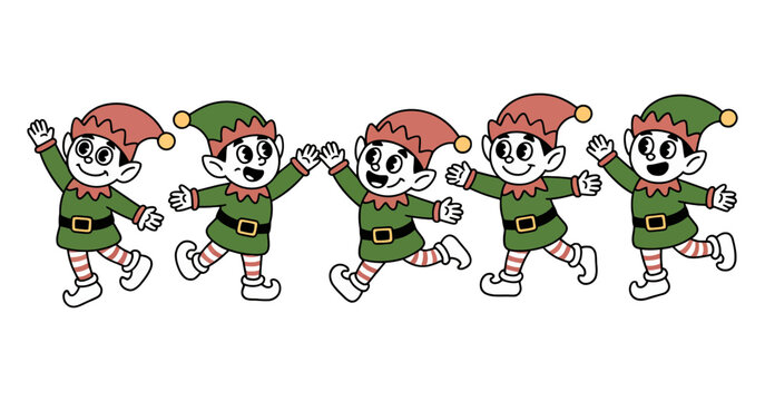 A vector graphic illustration of five cartoon elves dancing in a row
