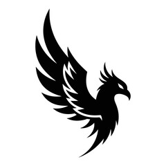 Stylized black phoenix eagle silhouette soaring with spread wings, minimalist vector logo design isolated on white background, sharp geometric lines representing power and rebirth.