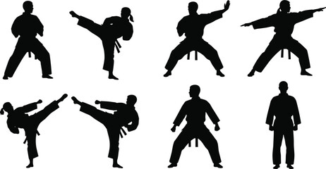 Martial arts silhouette set with karate poses, kicks stances, combat training illustration vector collection, design © Mst Hosnara Khatun