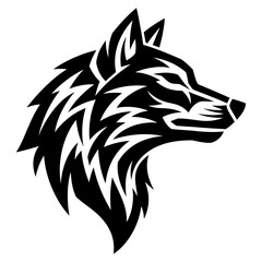 Stylized Wolf Head Profile Illustration in Tribal Tattoo Style Isolated on White Background, Minimalist Black and White Vector Art Representing Strength, Wild Nature, and Fierce Spirit.