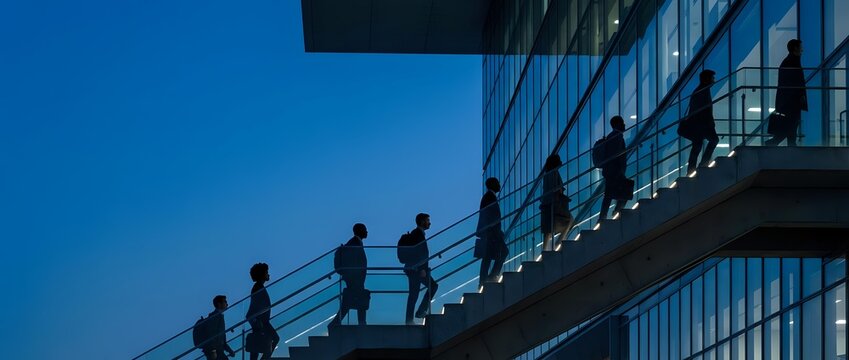Modern office building with silhouettes of business people walking on glass walkway bridge against blue sky for corporate architecture concepts.