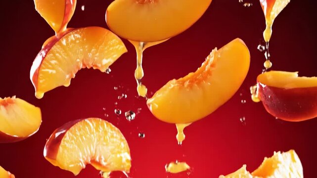 Peach slices with dripping juice and splashing water. Fresh fruit for drink or dessert advertising.