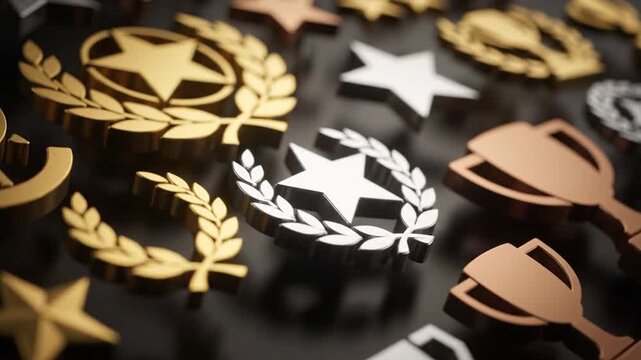 A collection of awards and trophies featuring a central white star surrounded by laurel wreaths and artificial intelligence-inspired designs