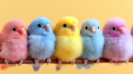 Naklejka premium Five adorable fluffy baby chicks in pastel colors pink blue yellow sitting together on wooden perch against warm yellow background for Easter spring designs.