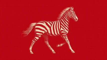 Fototapeta premium Red minimalist illustration of a zebra in motion with bold white stripes on a solid red background.
