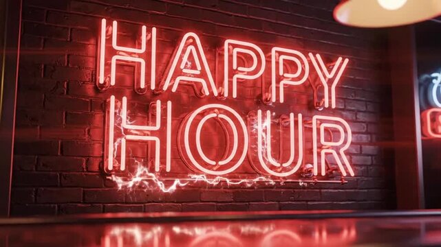 Happy hour sign lights up a bar in the evening with people enjoying drinks and socializing in a lively atmosphere