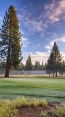 fairway. Golf course with perfectly cut fairway under misty morning skies, surrounded by tall pine trees. event key visuals, club posters, designed for fitness apps and gym onboarding.
