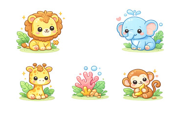 Adorable Kawaii Baby Safari Animals Collection: Vector Illustration Set featuring Cute Lion Cub, Elephant, Giraffe, and Monkey for Nursery Decor, Kids' Clothing, and Birthday Invitations.