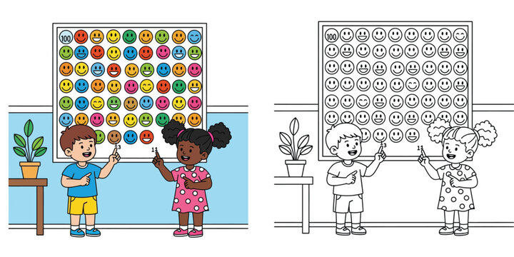 1Children pointing at smiley face chart, colored and black and white coloring page vector illustration for education.