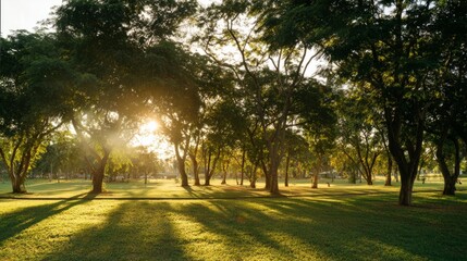 Fototapeta premium hour. Serene park landscape bathed in golden hour light, highlighting nature's tranquility. travel magazines, destination branding, designed for travel destination branding, used by motion designers. 