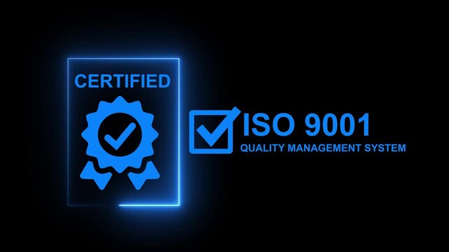 Modern ISO 9001 Quality Management System certified banner with a glowing blue neon frame and certified badge icon. Features a white verification checkmark, ribbon seal, and ISO 9001 text