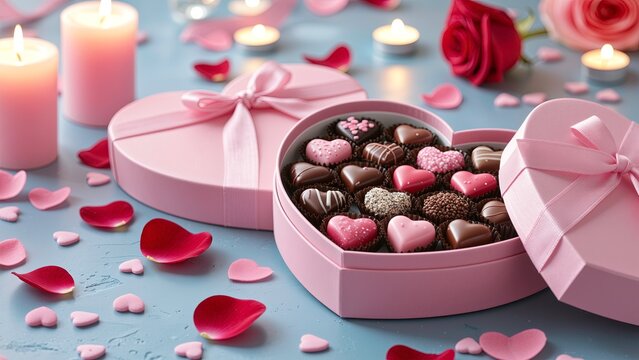 Chocolate box and candles in pink color for valentine day.