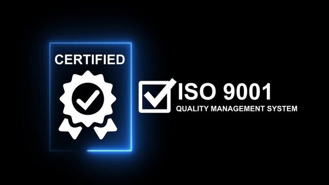 Modern ISO 9001 Quality Management System certified banner with a glowing blue neon frame and certified badge icon. Features a white verification checkmark, ribbon seal, and ISO 9001 text