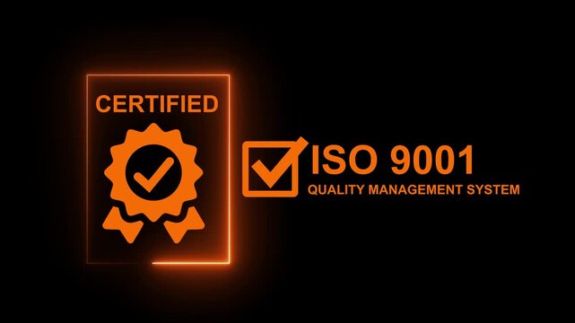 Modern ISO 9001 Quality Management System certified banner with a glowing blue neon frame and certified badge icon. Features a white verification checkmark, ribbon seal, and ISO 9001 text