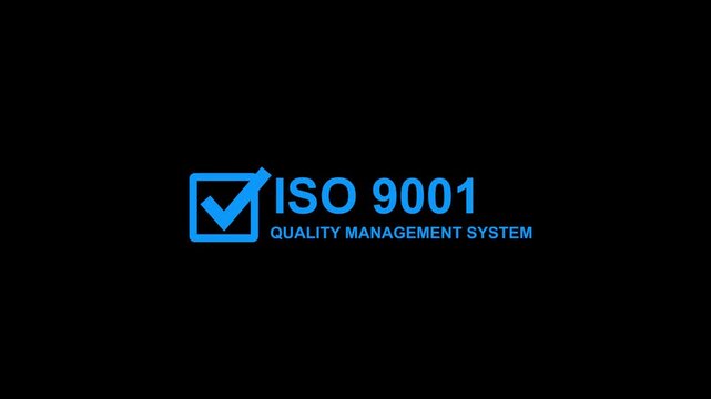 Minimal ISO 9001 Quality Management System certification banner featuring a white checkmark inside a square icon with bold ISO 9001 text on a black background.