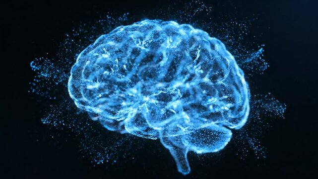 A futuristic, glowing blue brain illustration showcasing the power of artificial intelligence in a dark, technological environment from a frontal viewpoint.