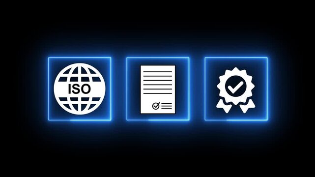 ISO certification concept icon set with glowing blue neon frames on dark background, featuring ISO globe symbol, approved document icon, and certified quality badge. Represents international standards