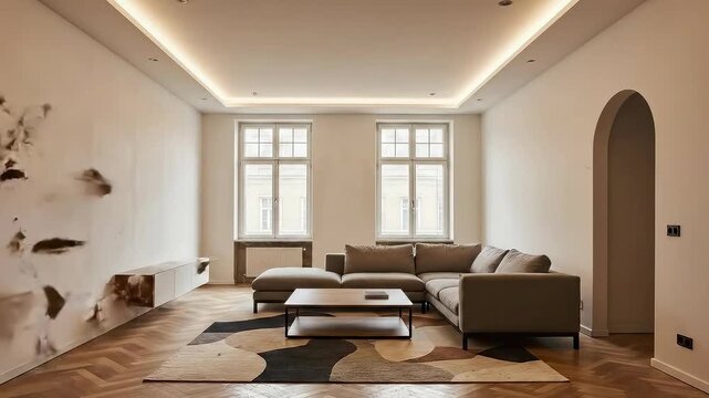 Time lapse shows a room renovation from peeling walls and a cracked ceiling to a living room with sofa, shelving, and ceiling lighting. Concept of renovation and real estate.