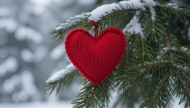 Knitted red heart on a winter spruce branch